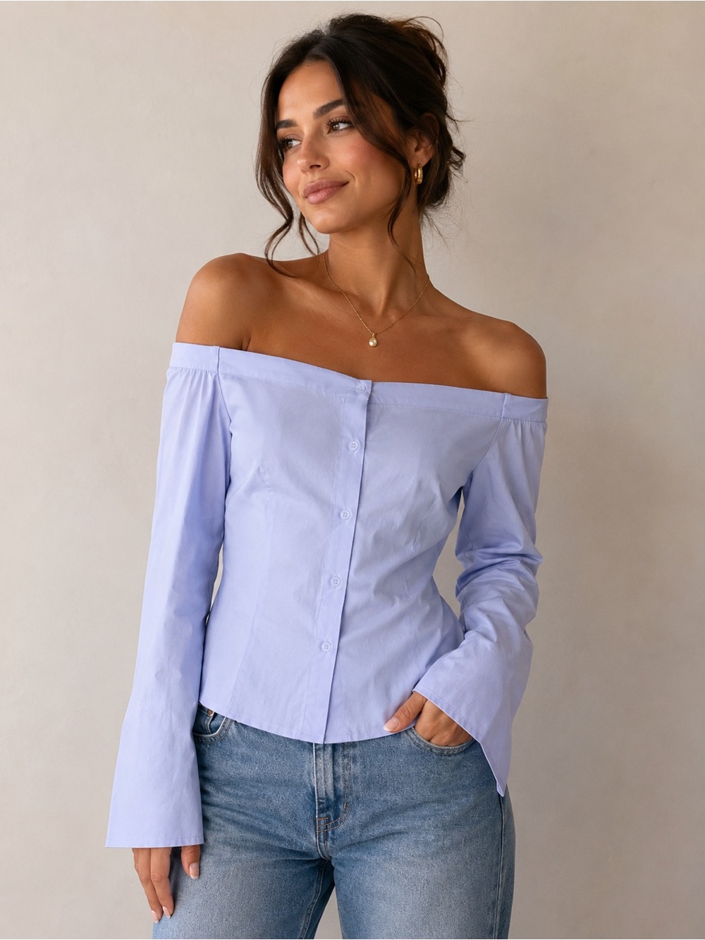 Theory Auriana B Off-the-Shoulder Stretch-Cotton Top Blue XL